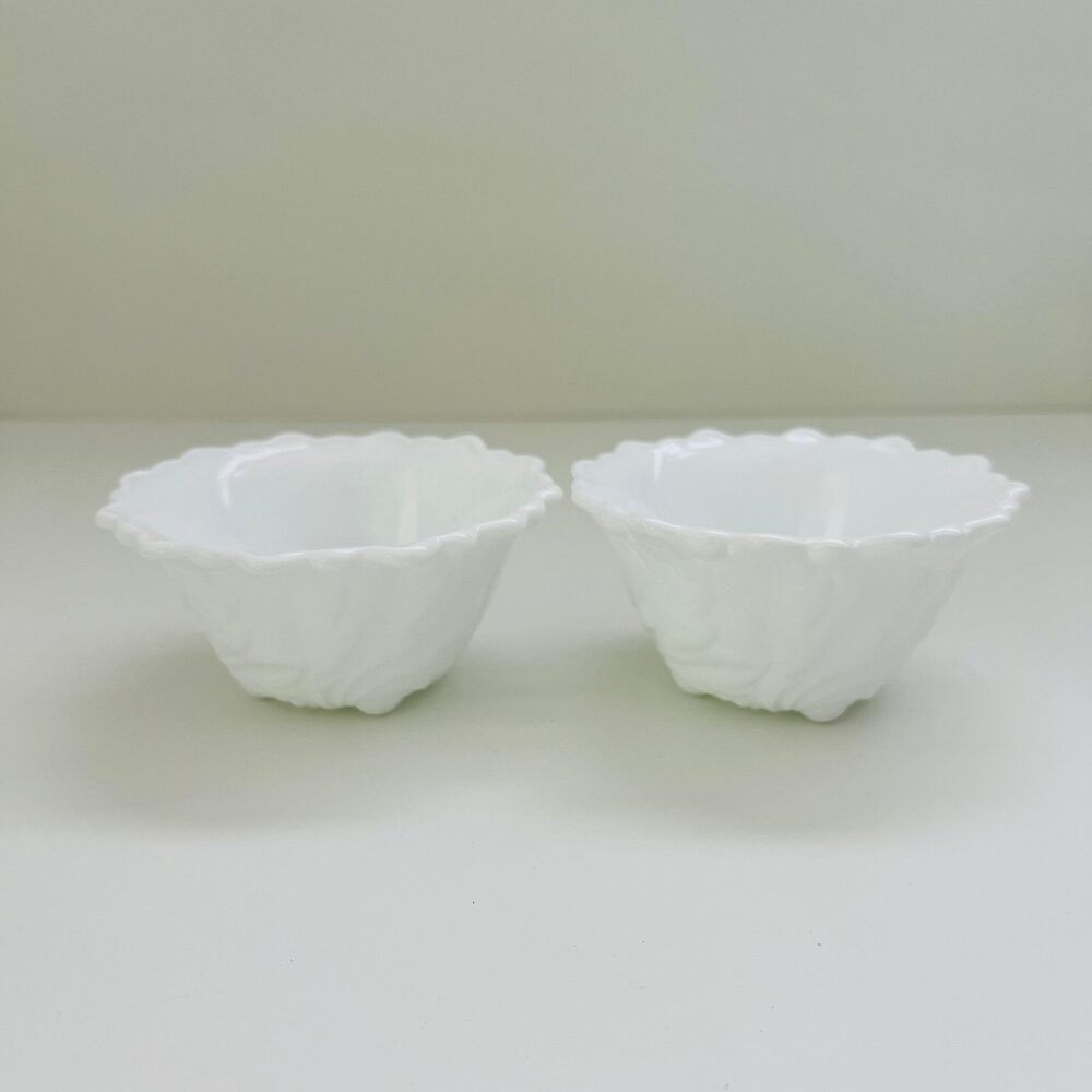 INDIANA GLASS CO. Milk Glass Wild Rose Footed Dessert Custard Bowls, Set of 2